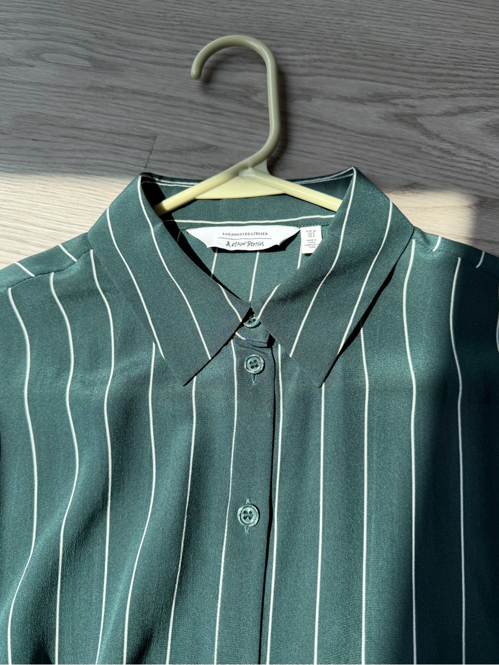 & Other Stories Dark Green Vertical-Stripe Button-Down Silk Shirt - Picture 3 of 8
